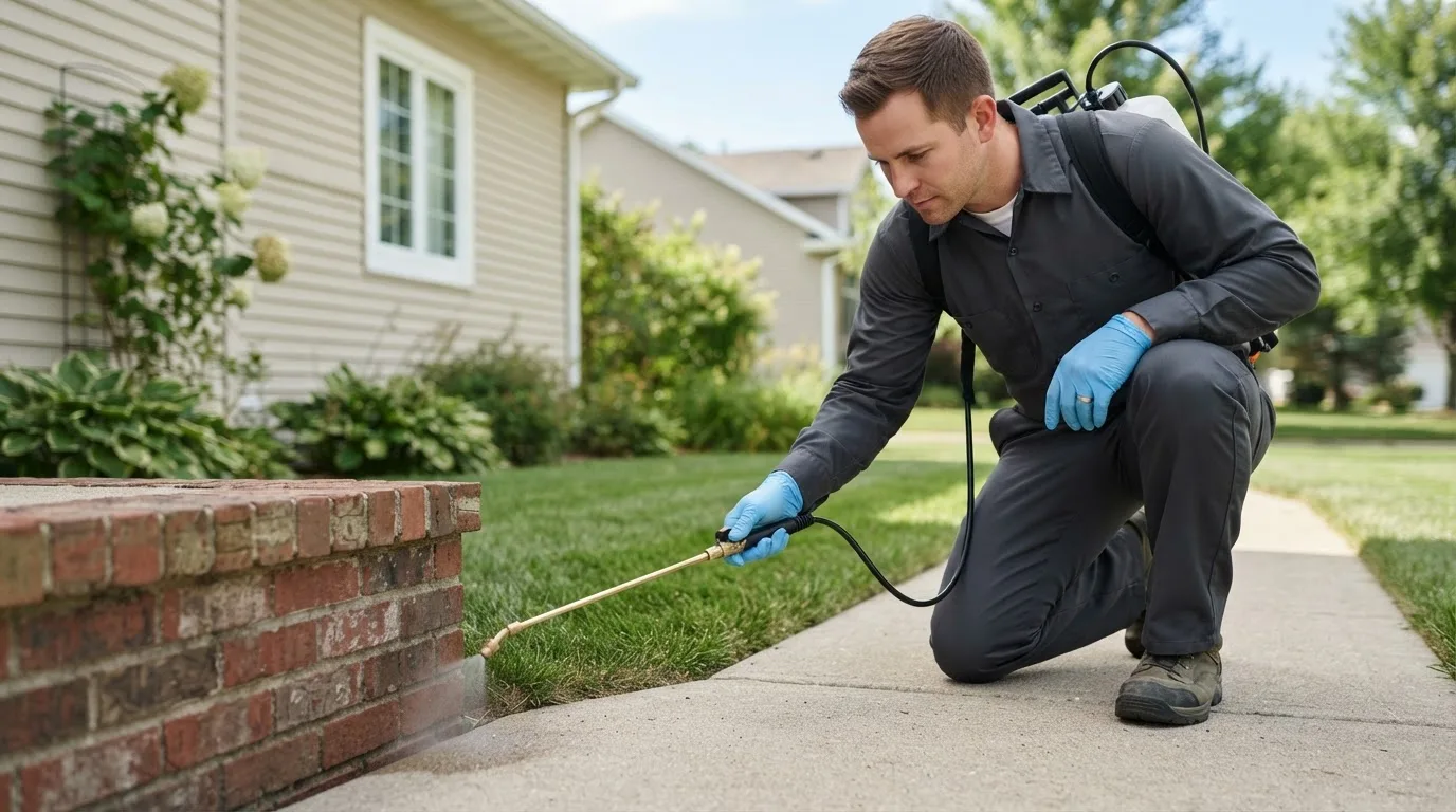 Pest control technician treating a home near Ira, TX