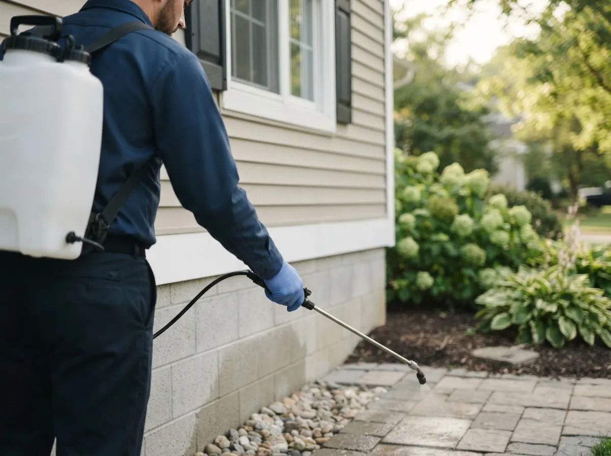 Pest control technician inspecting a home in Ira, TX